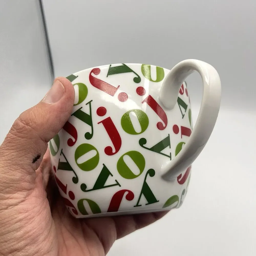 Pair Vintage Crate & Barrel 16oz JOY Mugs Holiday Christmas Red/Green Porcelain